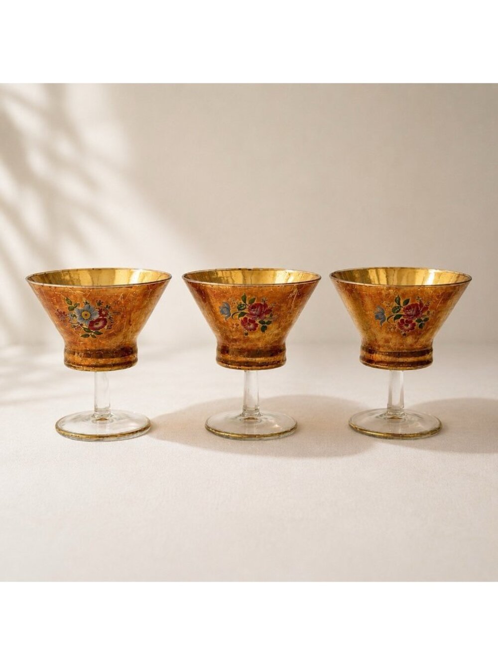 Vintage Set of 3 Gold-Painted Cocktail Glasses Hand-Painted Floral Cottage MCM